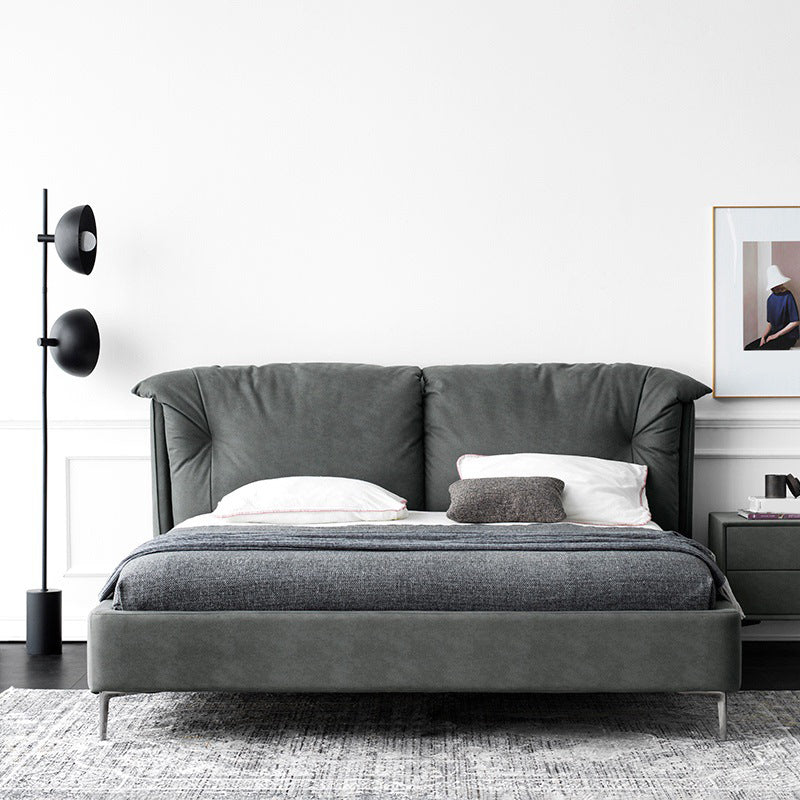 Grijs standaardbed met rechthoekig paneelhoofdeinde en metalen benen
