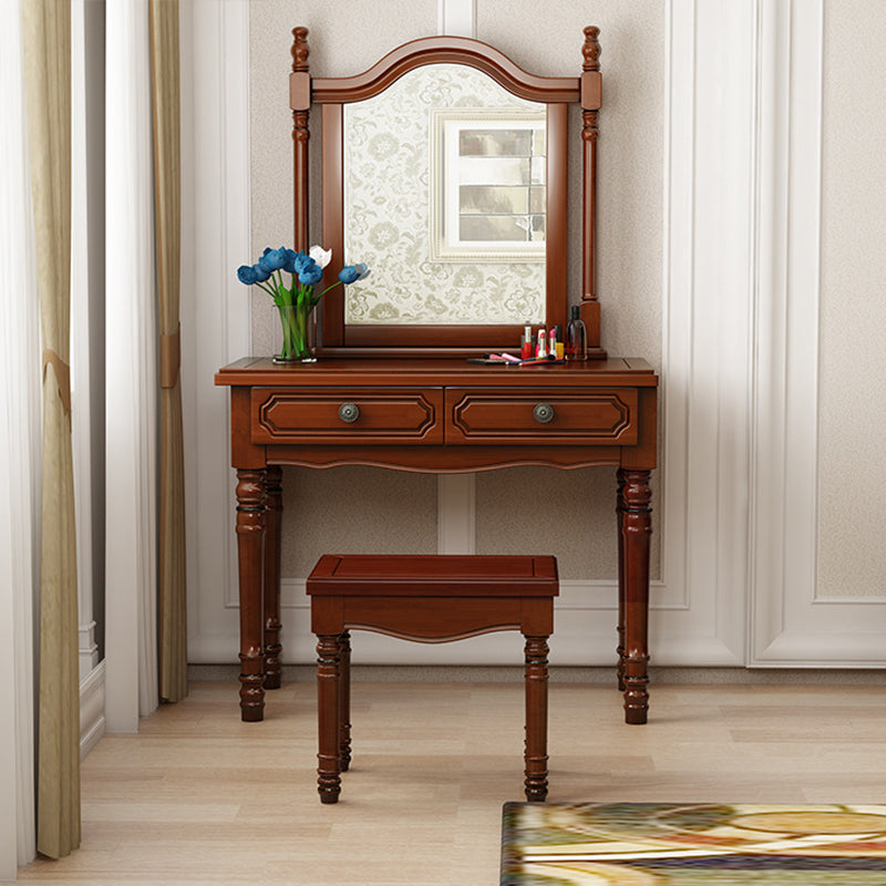 2-Drawers Mirror Table Dressing Table Victorian Solid Wood Make-up Vanity Makeup Vanity & Mirror & Stools Walnut Clearhalo 'Bedroom Furniture' 'furn' 'furn_makeup_vanities' 'Furniture' 'Makeup Vanities' 'makeup_vanities' 6068140