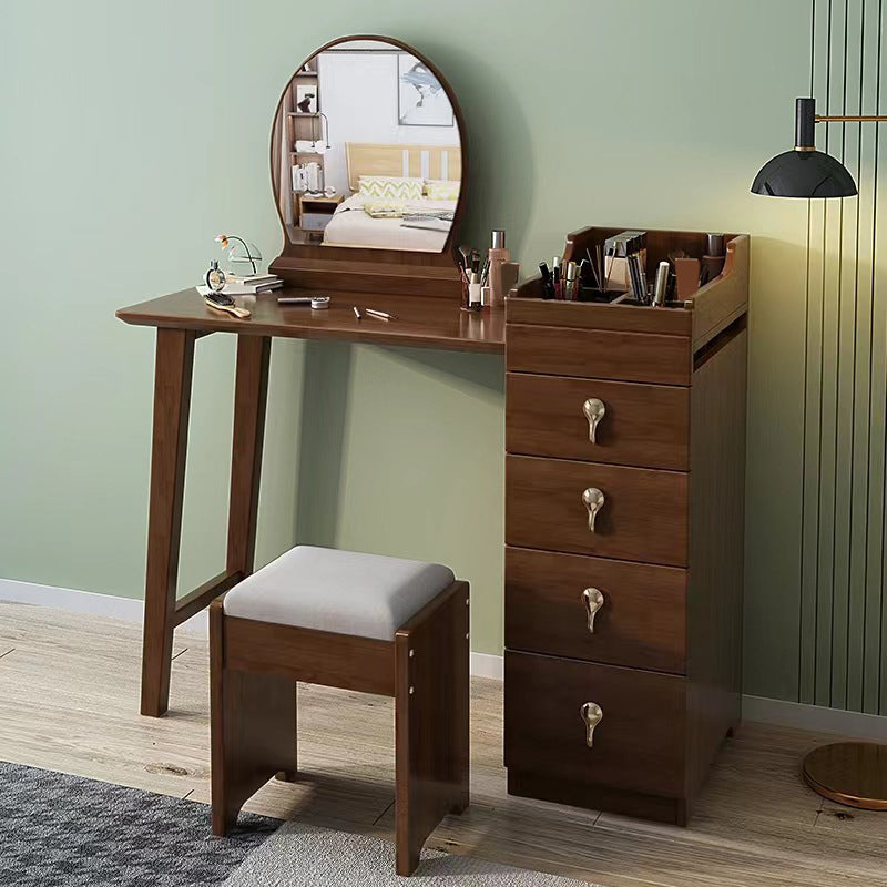 Mirror & 4 Drawers Makeup Vanity Nordic Solid Wood Dressing Table Makeup Vanity & Mirror & Stools Walnut Clearhalo 'Bedroom Furniture' 'furn' 'furn_makeup_vanities' 'Furniture' 'Makeup Vanities' 'makeup_vanities' 6068172