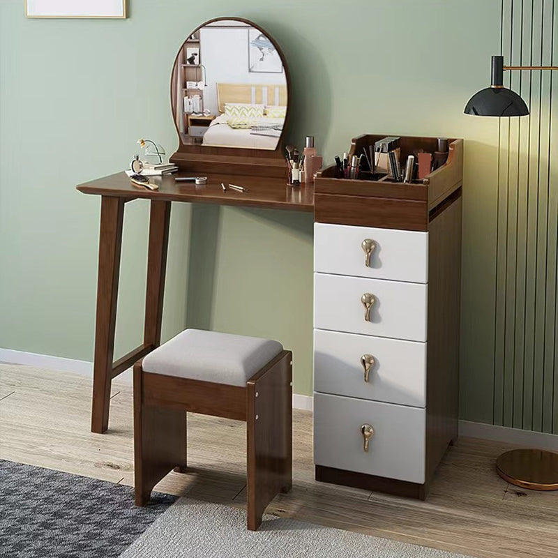 Mirror & 4 Drawers Makeup Vanity Nordic Solid Wood Dressing Table Makeup Vanity & Mirror & Stools Walnut White Clearhalo 'Bedroom Furniture' 'furn' 'furn_makeup_vanities' 'Furniture' 'Makeup Vanities' 'makeup_vanities' 6068183