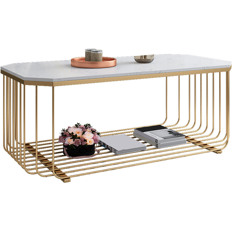 Glam Marble Top Coffee Table with Iron Base and Shelf Cocktail Table