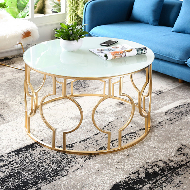 Contemporary Round Glass Coffee Table with Iron Frame Base Cocktail Table Clearhalo 'Coffee & Accent Tables' 'Coffee Tables' 'coffee_tables' 'furn' 'furn_coffee_tables' 'Furniture' 'Living Room Furniture' 6068358