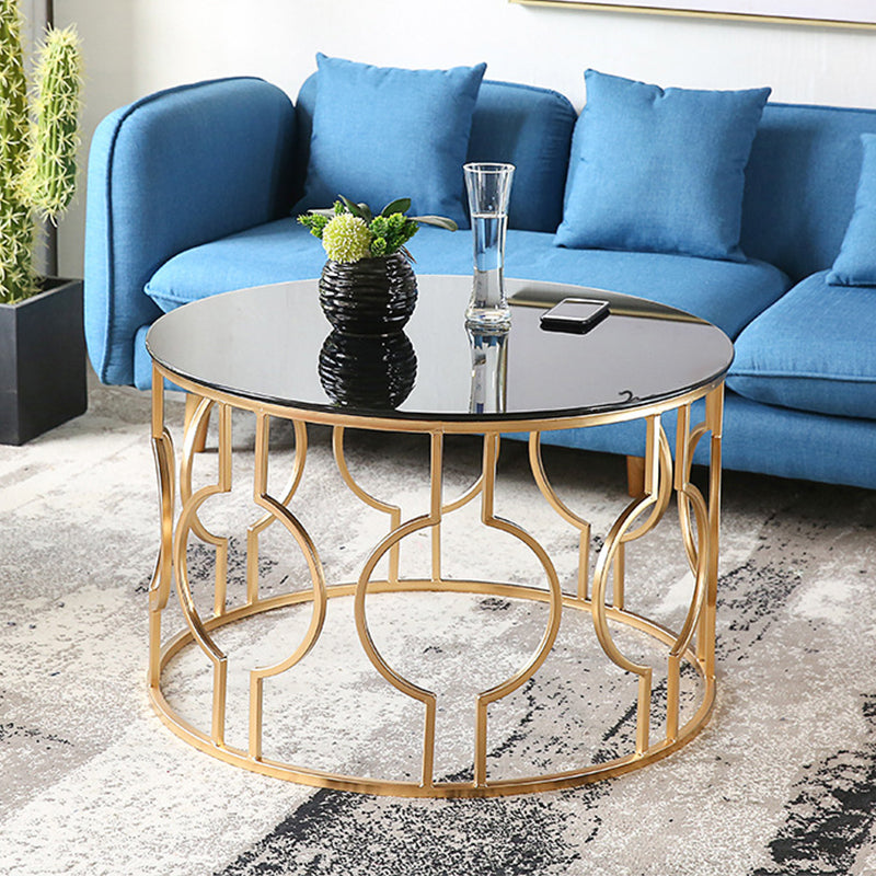 Contemporary Round Glass Coffee Table with Iron Frame Base Cocktail Table Clearhalo 'Coffee & Accent Tables' 'Coffee Tables' 'coffee_tables' 'furn' 'furn_coffee_tables' 'Furniture' 'Living Room Furniture' 6068360