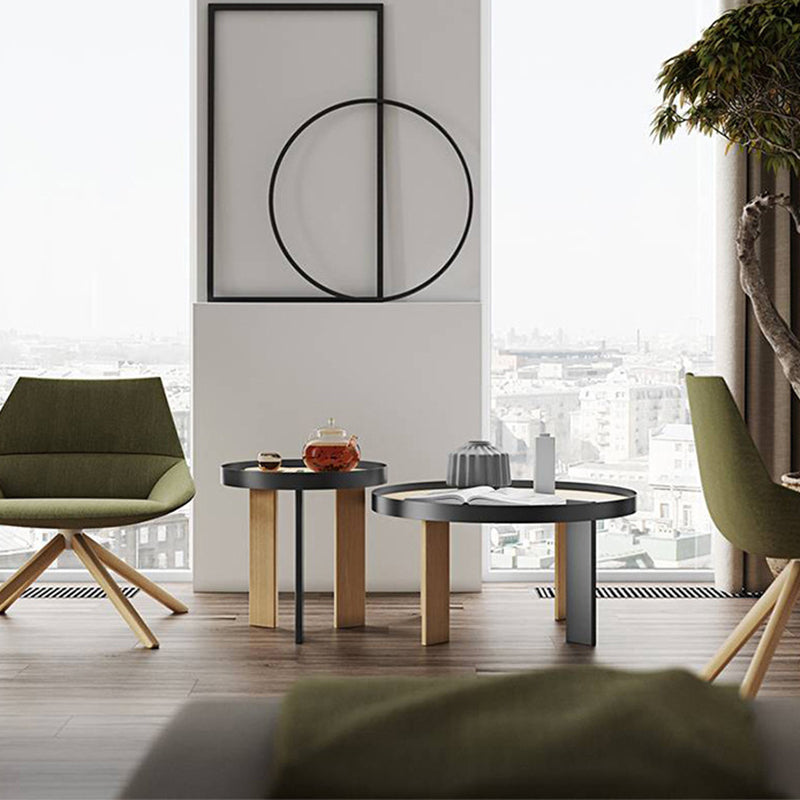 Scandinavian 2 Piece Round Bunching Tables with Wooden Legs and Top