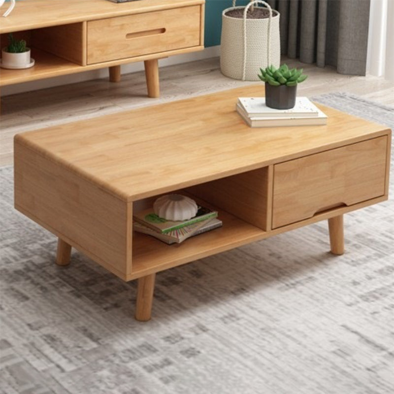 Tavolino scandinavo in legno di gomma con 4 gambe e cassetto