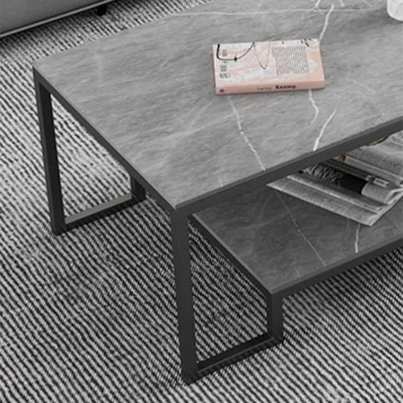 Contemporary Cocktail Table with Stone Top and Iron Base and Shelf