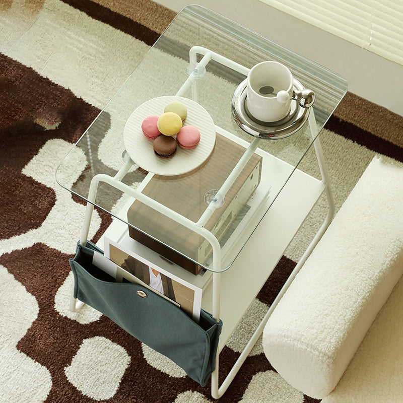 Modern Glass Side End Table Trestle Double Tier Corner Table