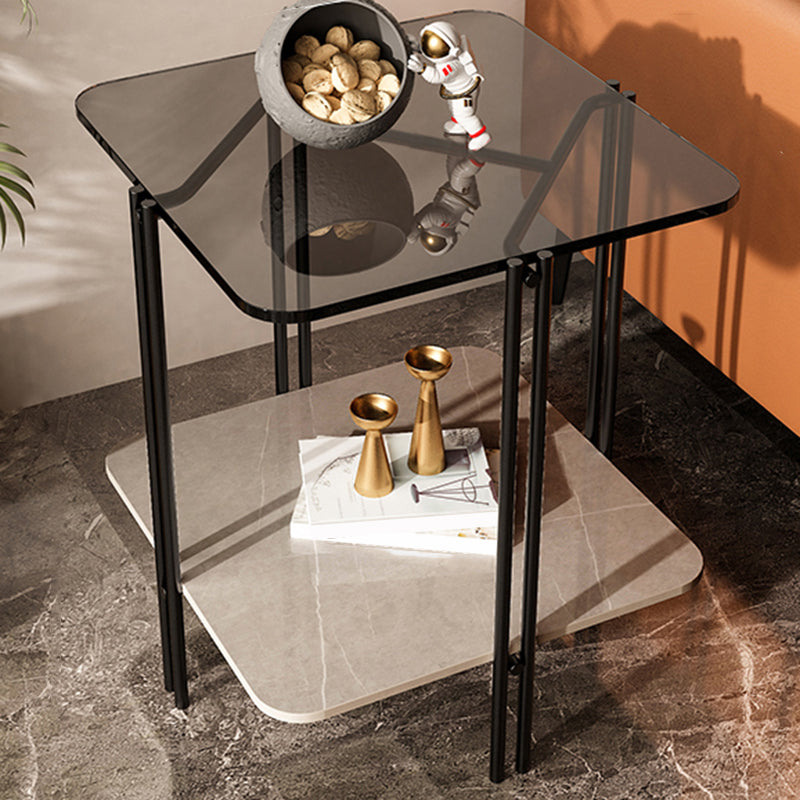 Modern Gray Glass Side End Table 4 Legs Double Tier Corner Table Grey 1 Clearhalo 'Coffee & Accent Tables' 'End & Side Tables' 'end_side_tables' 'furn' 'furn_end_side_tables' 'Furniture' 'Living Room Furniture' 6068449