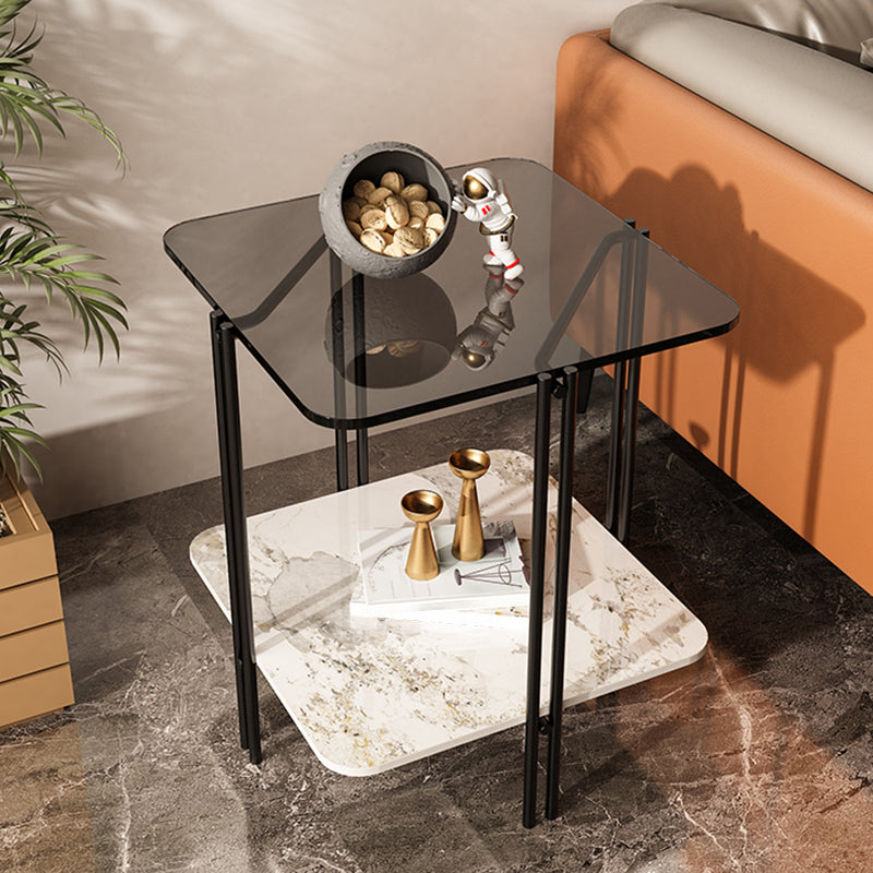 Modern Gray Glass Side End Table 4 Legs Double Tier Corner Table Pandora & Gold 1 Clearhalo 'Coffee & Accent Tables' 'End & Side Tables' 'end_side_tables' 'furn' 'furn_end_side_tables' 'Furniture' 'Living Room Furniture' 6068451