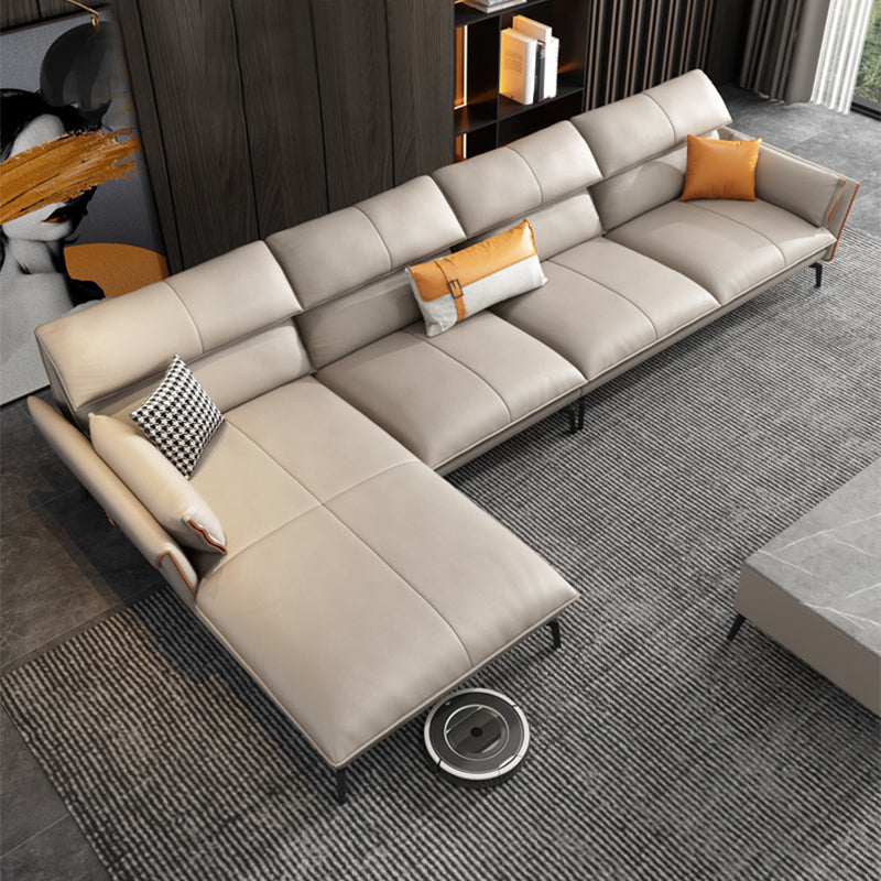 Braccio svasato vera pelle sezionale a 4 posti a forma di l sezionale con cuscini