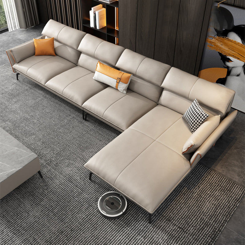 Braccio svasato vera pelle sezionale a 4 posti a forma di l sezionale con cuscini