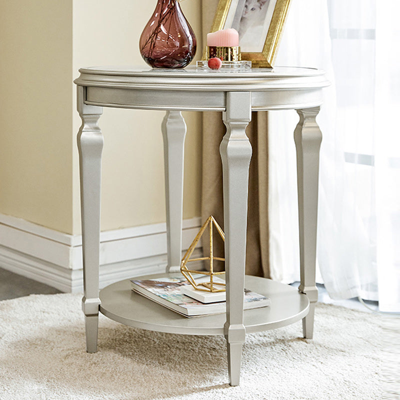 Modernistic Round Double Tier End Table Solid Wood 4 Legs End Table Silver 1 Clearhalo 'Coffee & Accent Tables' 'End & Side Tables' 'end_side_tables' 'furn' 'furn_end_side_tables' 'Furniture' 'Living Room Furniture' 6069014