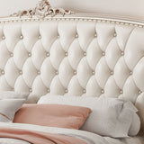 Victorian White Panel Bed Upholstered Headboard Bed with Custom Gold Legs