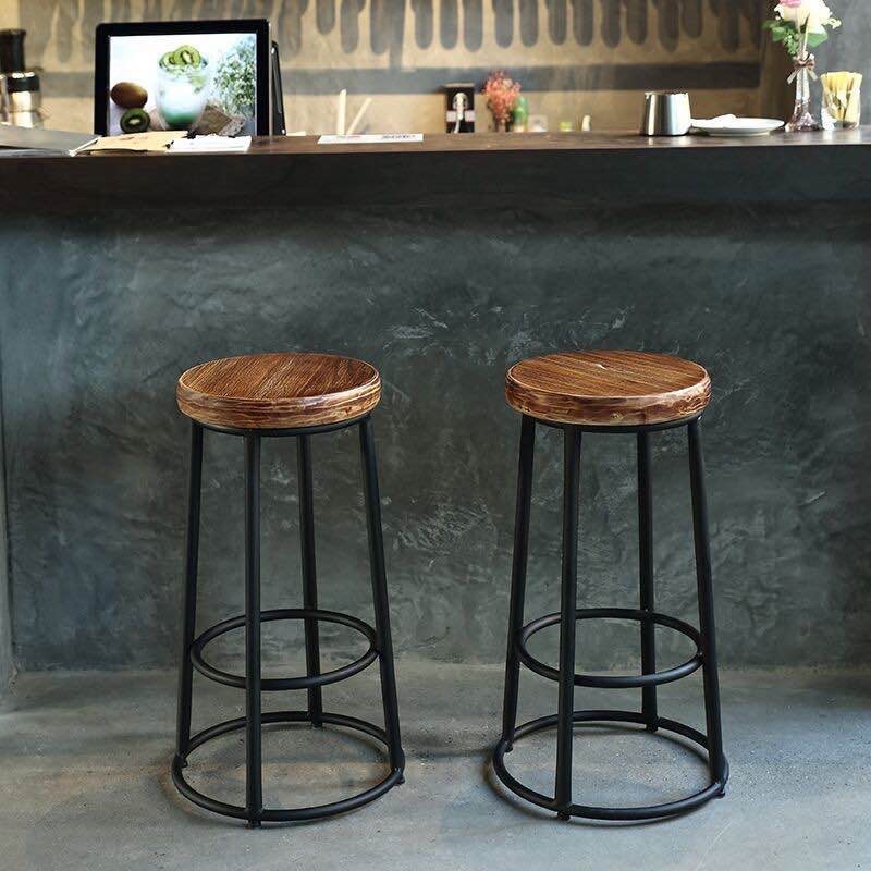 Industrial Round Bar Stools Solid Wood Black Footrest Counter Stool for Shop