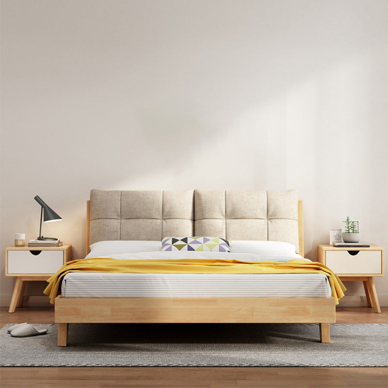 84.65 inch Wide Mid-century Bed Frame Solid Wood Bed with Upholstered Headboard