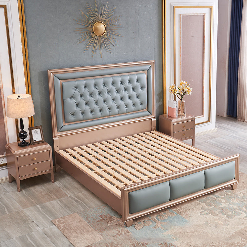 84.65 inch Wide Victorian Bed Frame Rubberwood Standard Bed with Upholstered Headboard