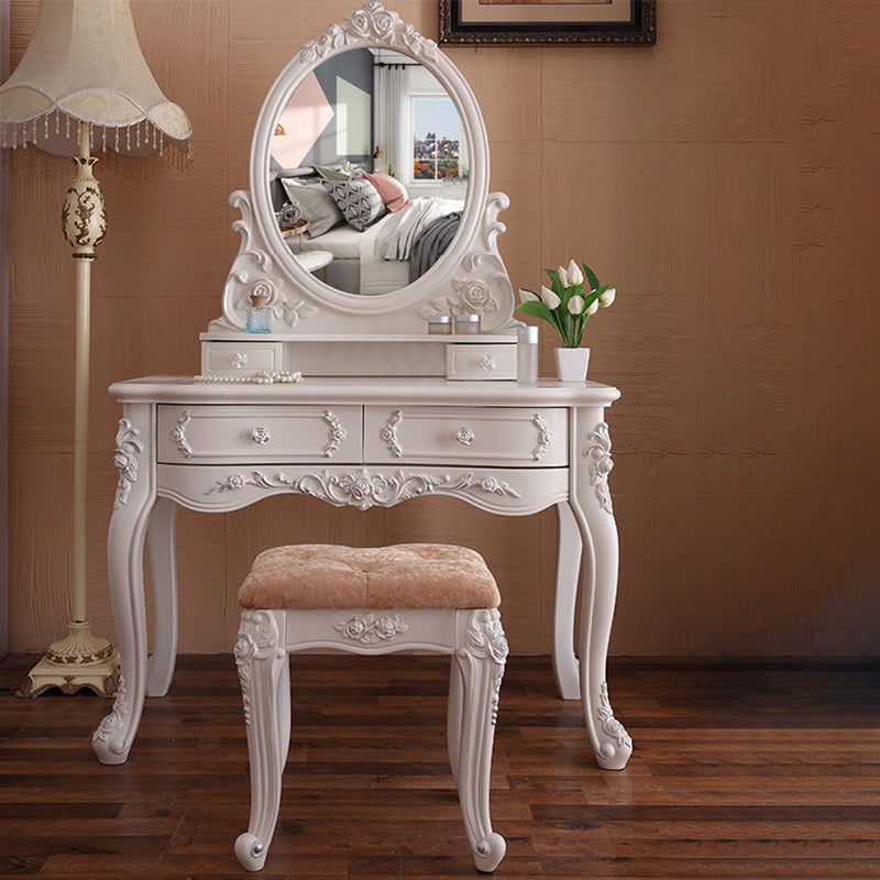 White Vanity Dressing Table Set Victorian Mirrored Wood Vanity Makeup Vanity & Mirror & Stools Round Clearhalo 'Bedroom Furniture' 'furn' 'furn_makeup_vanities' 'Furniture' 'Makeup Vanities' 'makeup_vanities' 6084106