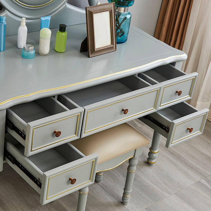 Meuble de bureau miroir 2 tiroir Vanité bleue avec tabouret rembourré