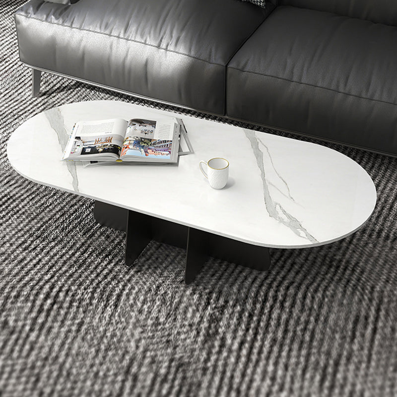 Glam Style Oval Coffee Table with Marble Top and Iron Base in Black Clearhalo 'Coffee & Accent Tables' 'Coffee Tables' 'coffee_tables' 'furn' 'furn_coffee_tables' 'Furniture' 'Living Room Furniture' 6084309