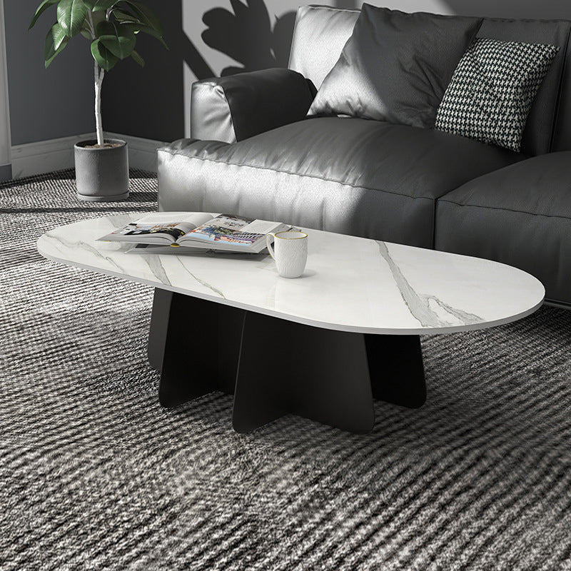 Glam Style Oval Coffee Table with Marble Top and Iron Base in Black 51"L x 27.5"W x 16"H Clearhalo 'Coffee & Accent Tables' 'Coffee Tables' 'coffee_tables' 'furn' 'furn_coffee_tables' 'Furniture' 'Living Room Furniture' 6084310