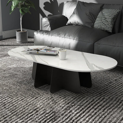Glam Style Oval Coffee Table with Marble Top and Iron Base in Black 51"L x 27.5"W x 16"H Clearhalo 'Coffee & Accent Tables' 'Coffee Tables' 'coffee_tables' 'furn' 'furn_coffee_tables' 'Furniture' 'Living Room Furniture' 6084310