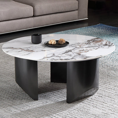 Glam White Coffee Table with 3 Black Steel Legs and Stone Top 35.5"L x 35.5"W x 14"H