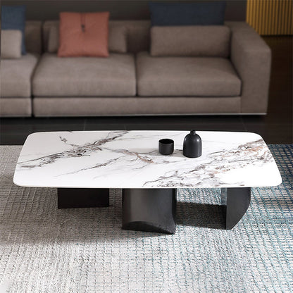 Tavolino bianco glam con 3 gambe in acciaio nero e top in pietra