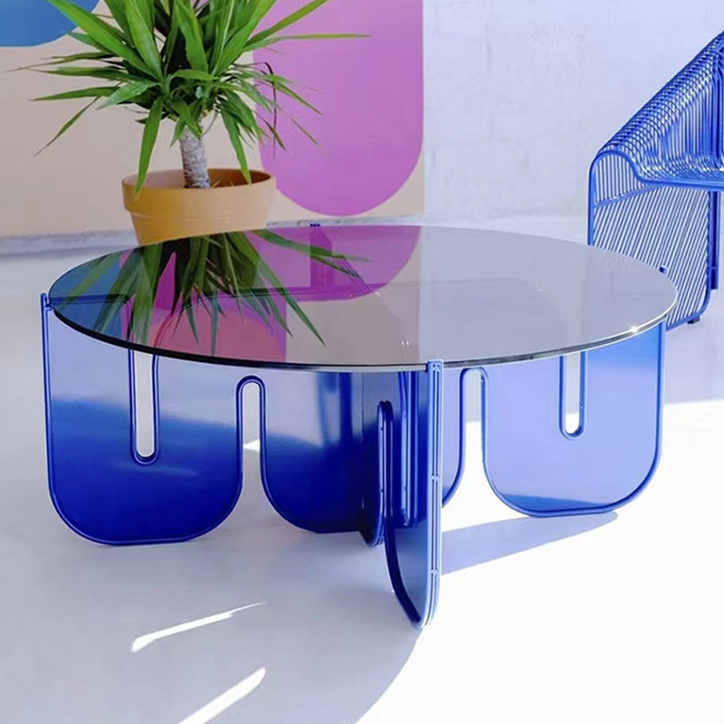 Contemporary Round Coffee Table with Glass Top and Acrylic Cross Base Blue Clearhalo 'Coffee & Accent Tables' 'Coffee Tables' 'coffee_tables' 'furn' 'furn_coffee_tables' 'Furniture' 'Living Room Furniture' 6084347