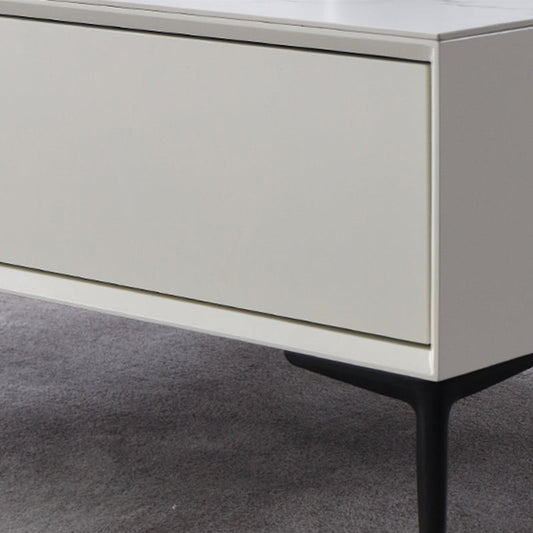 Tavolino bianco rettangolare con 4 cassetti e 4 gambe metalliche