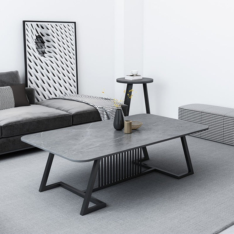 Rectangle Stone Top Coffee Table with Black Metal Trestle Base Clearhalo 'Coffee & Accent Tables' 'Coffee Tables' 'coffee_tables' 'furn' 'furn_coffee_tables' 'Furniture' 'Living Room Furniture' 6084373