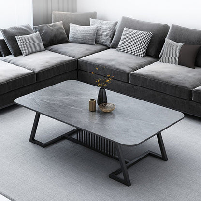 Rectangle Stone Top Coffee Table with Black Metal Trestle Base Gray Clearhalo 'Coffee & Accent Tables' 'Coffee Tables' 'coffee_tables' 'furn' 'furn_coffee_tables' 'Furniture' 'Living Room Furniture' 6084374