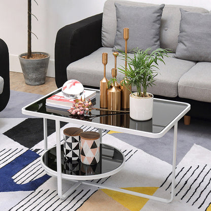 Contemporary Rectangle Glass Top Coffee Table with Shelf and Cross Legs