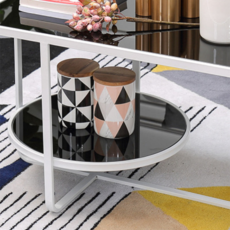 Contemporary Rectangle Glass Top Coffee Table with Shelf and Cross Legs