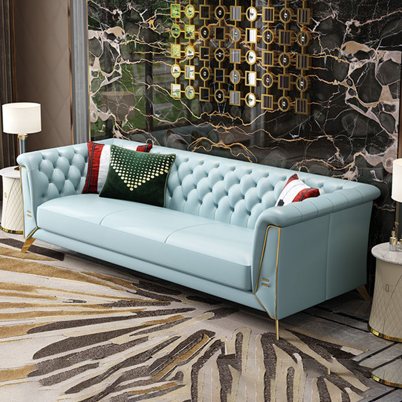 コンテンポラリータフトバックチェスターフィールドの長椅子本物の革の丸いアームソファ