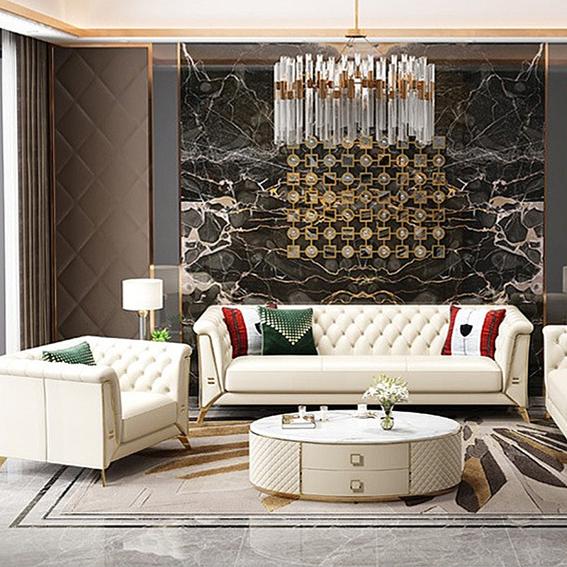 コンテンポラリータフトバックチェスターフィールドの長椅子本物の革の丸いアームソファ