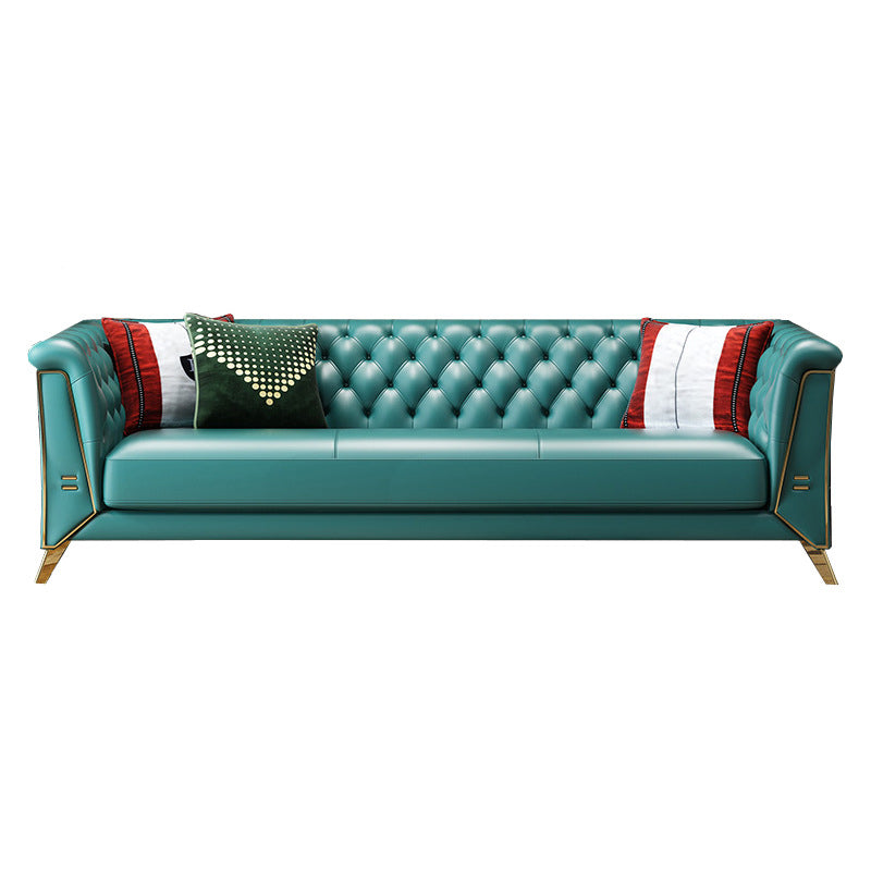 コンテンポラリータフトバックチェスターフィールドの長椅子本物の革の丸いアームソファ