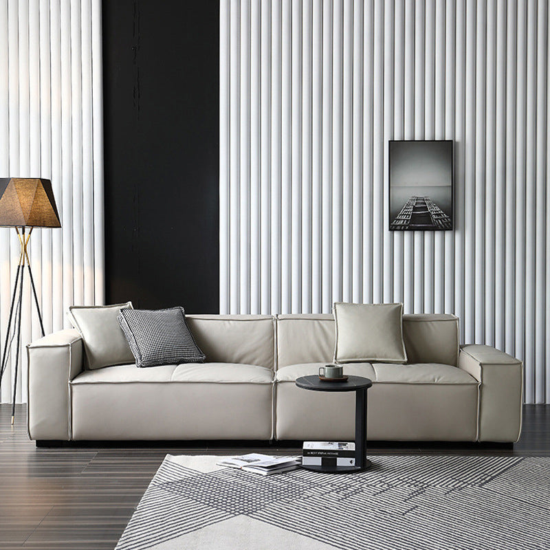Genuine Leather Square Arm Sofa Contemporary Standard Sofa with 3 Pillows