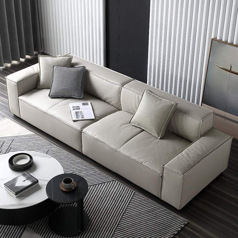 Genuine Leather Square Arm Sofa Contemporary Standard Sofa with 3 Pillows