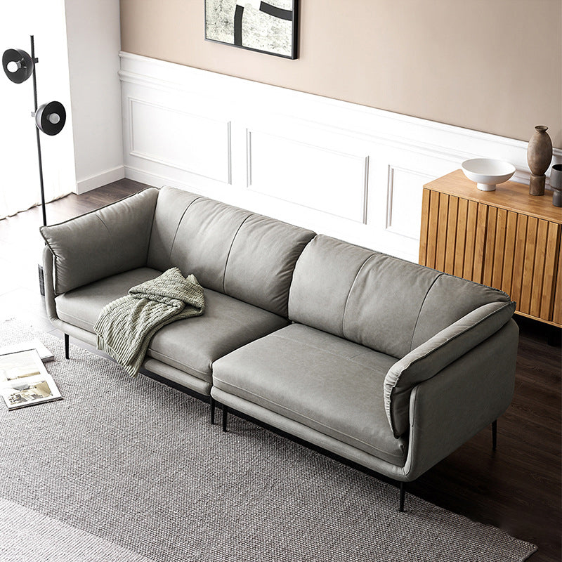 灰色のモダンなフェイクレザーソファステイン耐性タキシードアームソファ