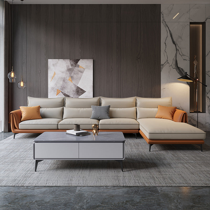 Flared Arm Sectional with Chaise Orange Faux Leather 4-seat Sectional Clearhalo 'furn' 'furn_sectionals' 'Furniture' 'Living Room Furniture' 'Sectionals' 6085059