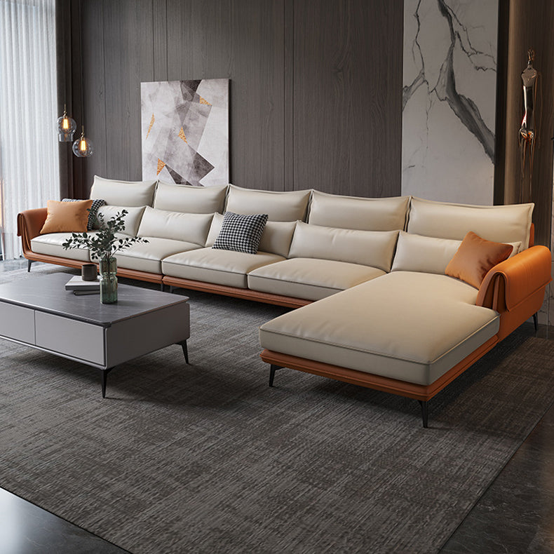 Flared Arm Sectional with Chaise Orange Faux Leather 4-seat Sectional Right Clearhalo 'furn' 'furn_sectionals' 'Furniture' 'Living Room Furniture' 'Sectionals' 6085060