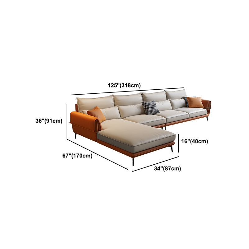 Flared Arm Sectional with Chaise Orange Faux Leather 4-seat Sectional Clearhalo 'furn' 'furn_sectionals' 'Furniture' 'Living Room Furniture' 'Sectionals' 6085068
