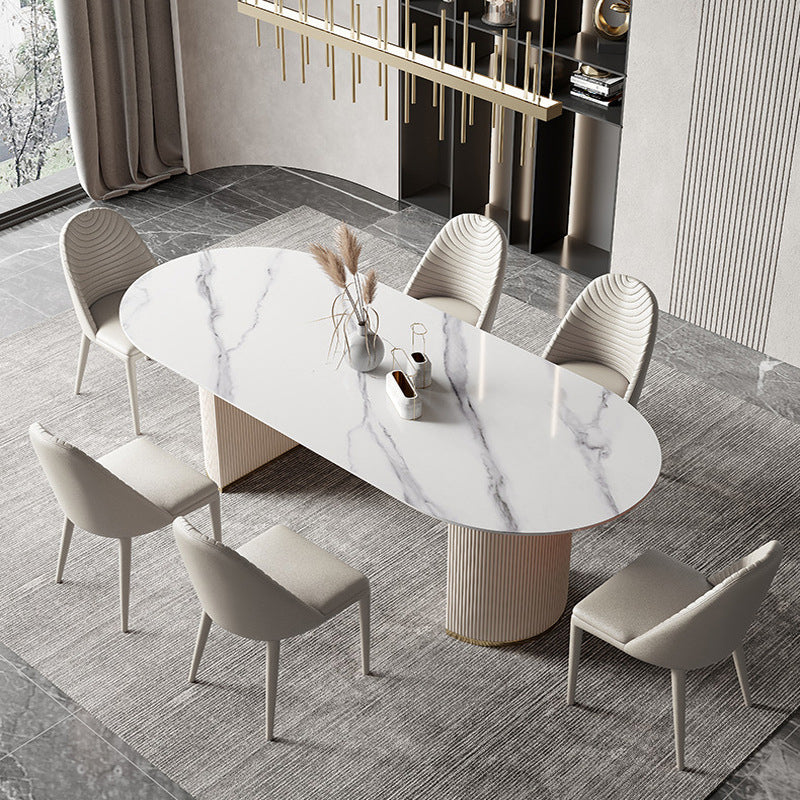 Modern Double Pedestal Table Oval Dining Table with Steel Base