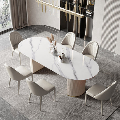 Modern Double Pedestal Table Oval Dining Table with Steel Base