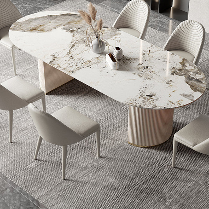 Modern Double Pedestal Table Oval Dining Table with Steel Base