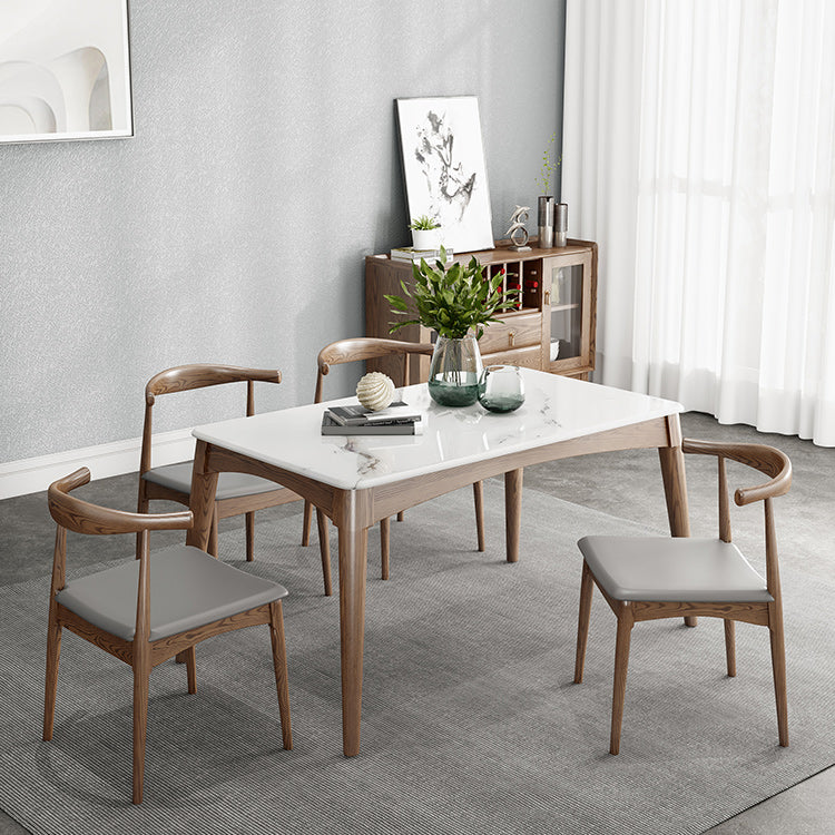 Mid-Century Modern Dining Table Stone Top Table with 4 Wood Legs