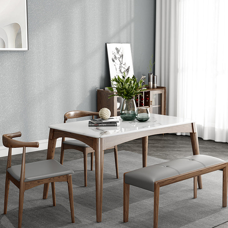 Mid-Century Modern Dining Table Stone Top Table with 4 Wood Legs