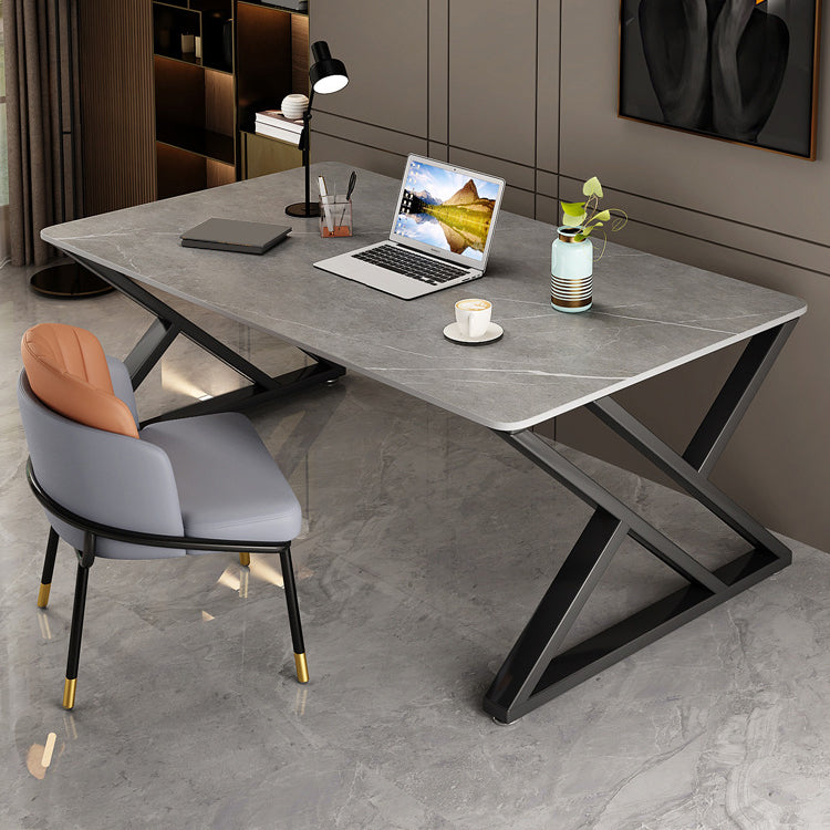 White and Grey Computer Desk Rectangular Writing Desk Stone and Metal 55.1"L x 31.5"W x 29.5"H Gray Clearhalo 'furn' 'furn_office_desk' 'Furniture' 'Office Desks' 'Office Furniture' 'office_desk' 6088811