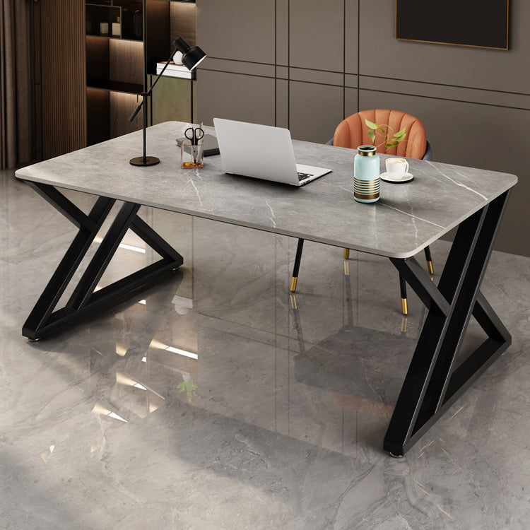 White and Grey Computer Desk Rectangular Writing Desk Stone and Metal 70.9"L x 35.4"W x 29.5"H Gray Clearhalo 'furn' 'furn_office_desk' 'Furniture' 'Office Desks' 'Office Furniture' 'office_desk' 6088812