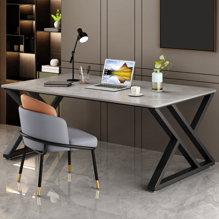 White and Grey Computer Desk Rectangular Writing Desk Stone and Metal 63"L x 31.5"W x 29.5"H Gray Clearhalo 'furn' 'furn_office_desk' 'Furniture' 'Office Desks' 'Office Furniture' 'office_desk' 6088813